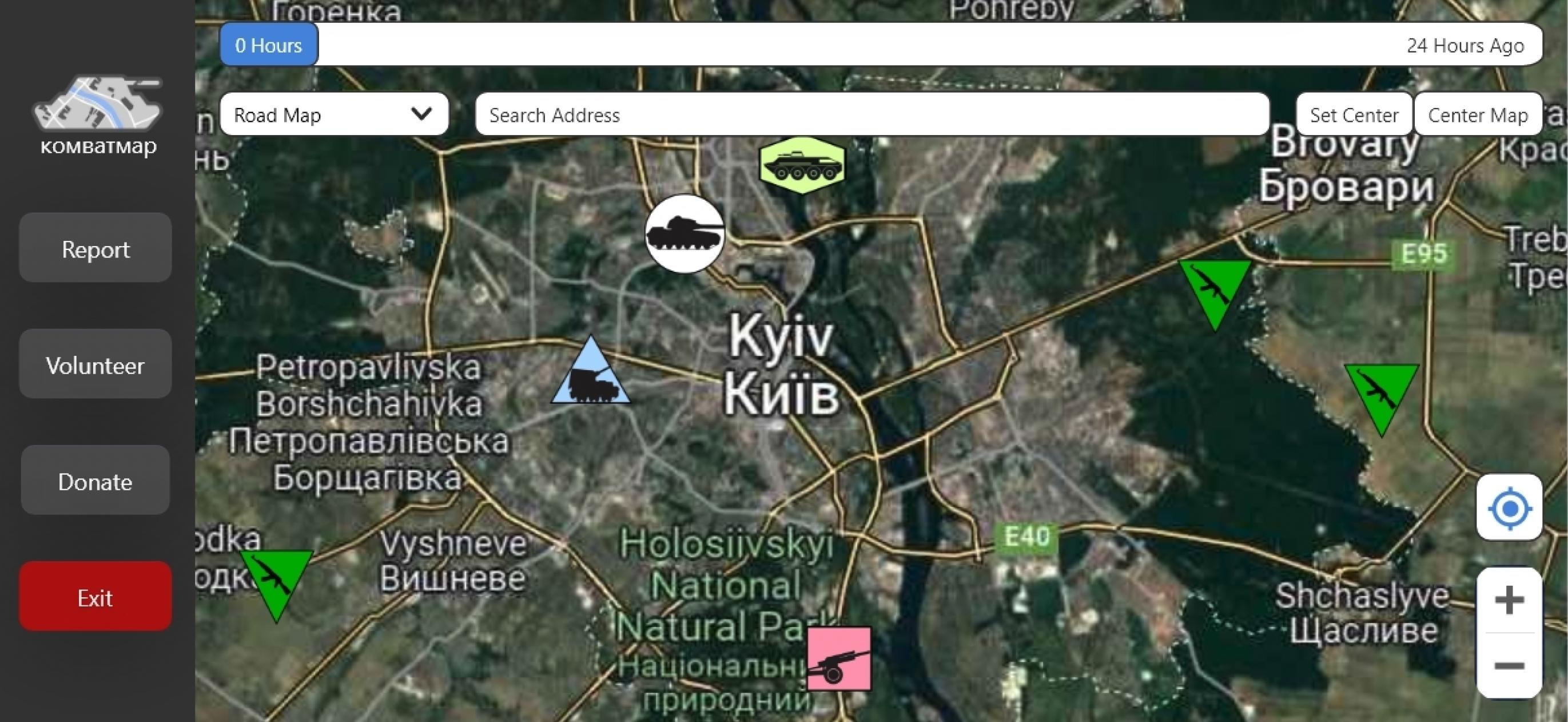 KOMBATMAP screenshot, green map of Ukraine with icons.